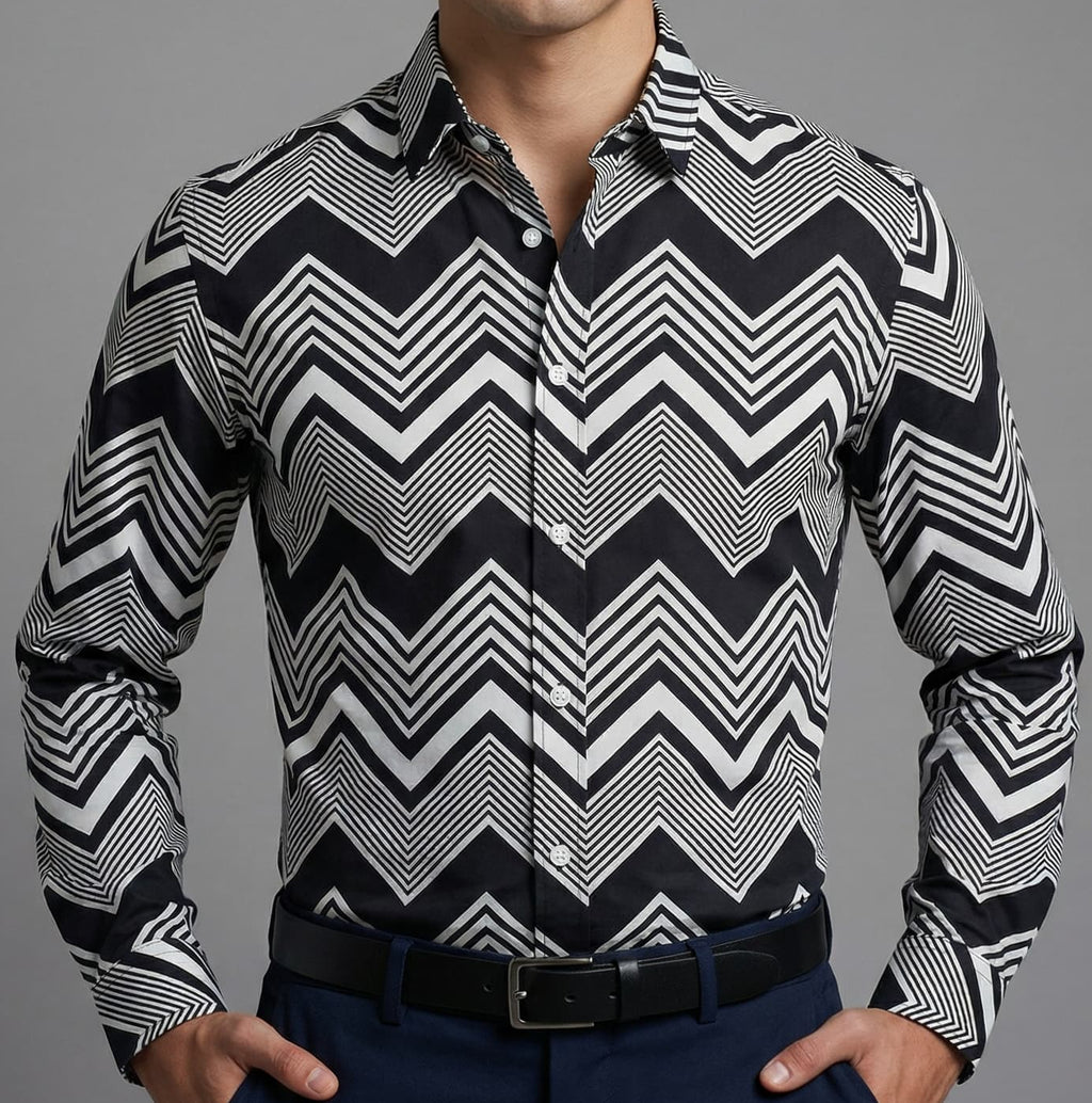 Camisa Hombre Casual Franjas Diagonales Negras, Blancas