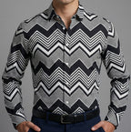 Camisa Hombre Casual Franjas Diagonales Negras, Blancas