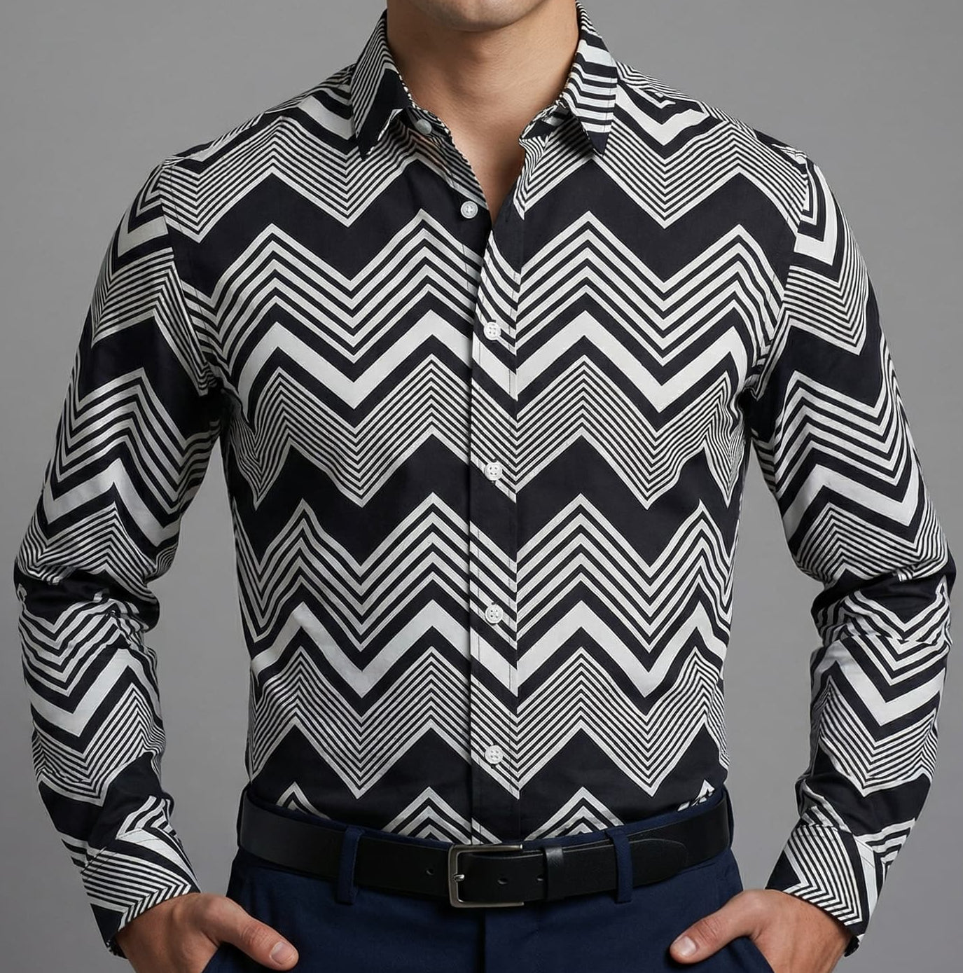 Camisa Hombre Casual Franjas Diagonales Negras, Blancas