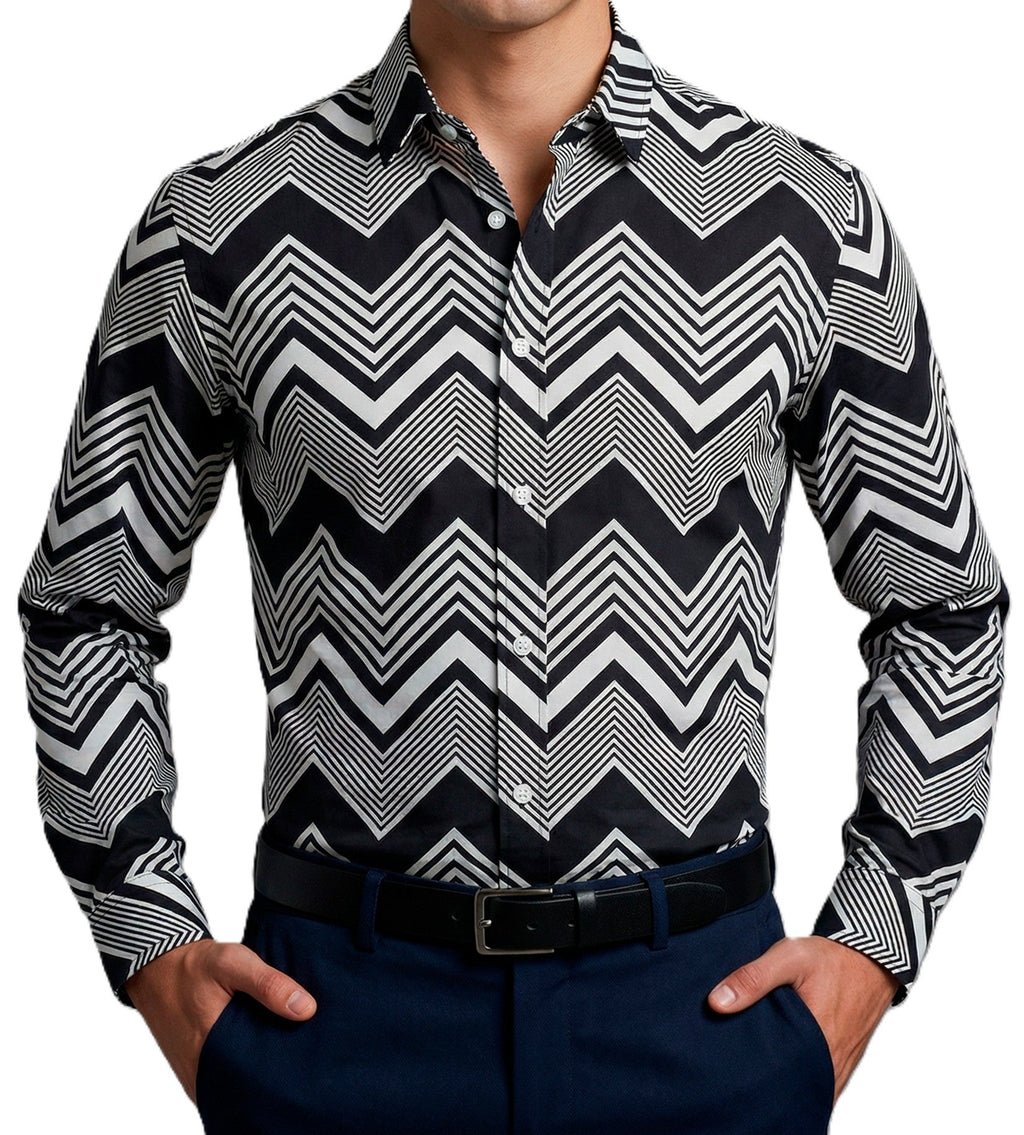 Camisa Hombre Casual Franjas Diagonales Negras, Blancas