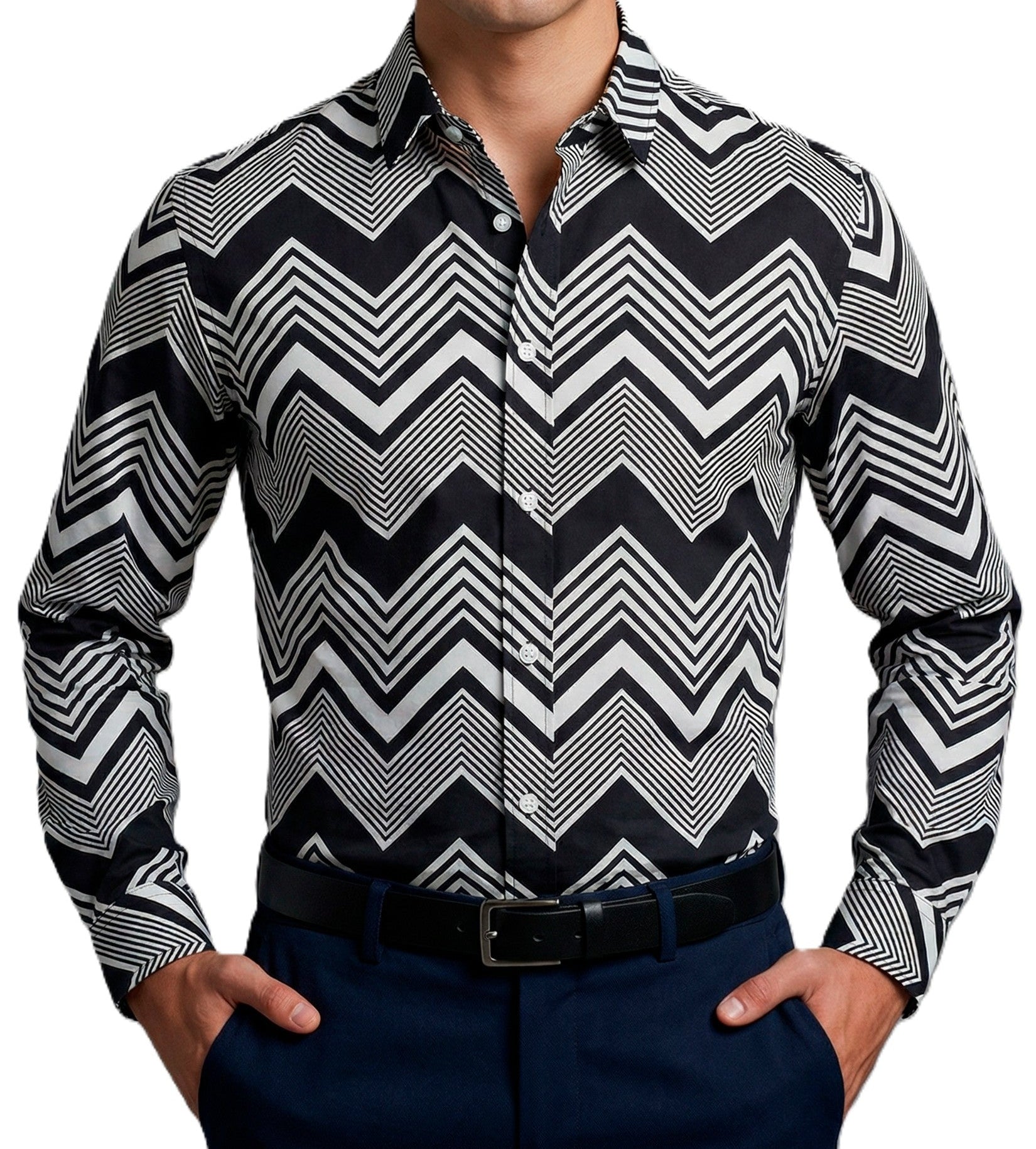 Camisa Hombre Casual Franjas Diagonales Negras, Blancas