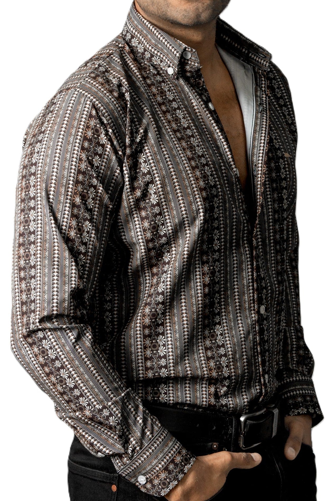 Camisa Hombre Casual Café Mini Flores Blancas