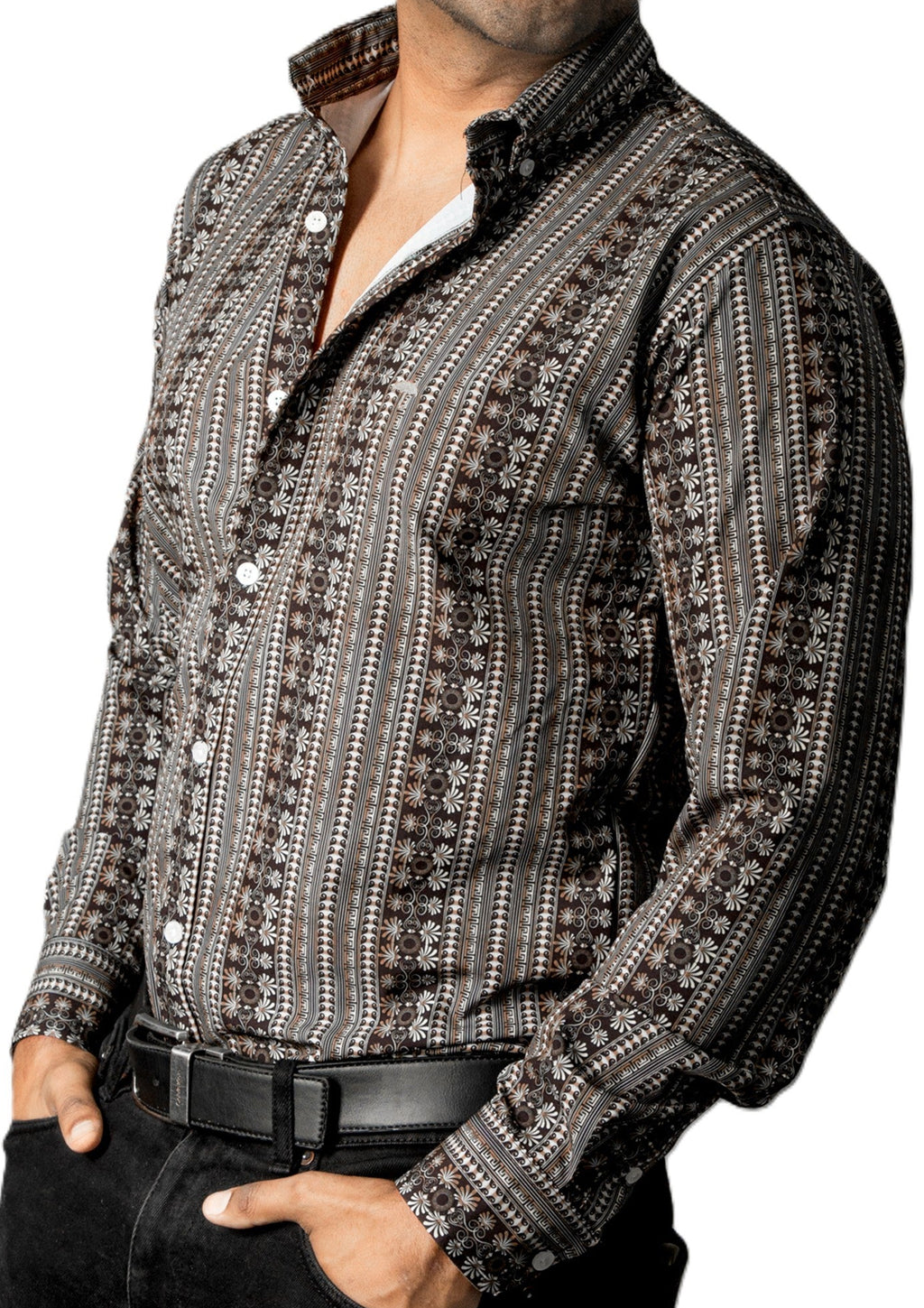 Camisa Hombre Casual Café Mini Flores Blancas