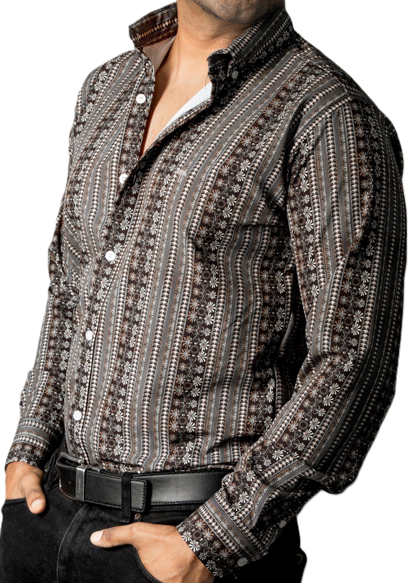 Camisa Hombre Casual Café Mini Flores Blancas