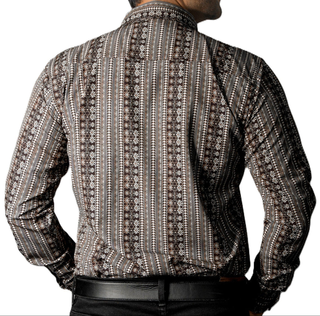 Camisa Hombre Casual Café Mini Flores Blancas