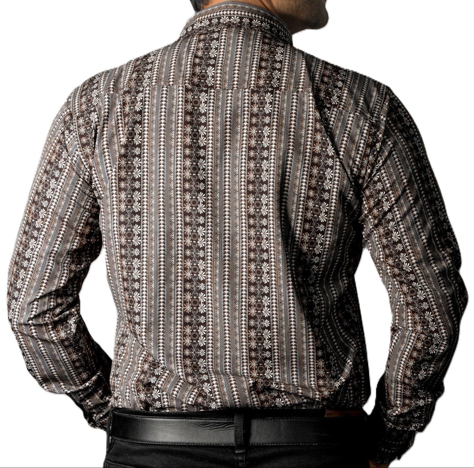 Camisa Hombre Casual Café Mini Flores Blancas