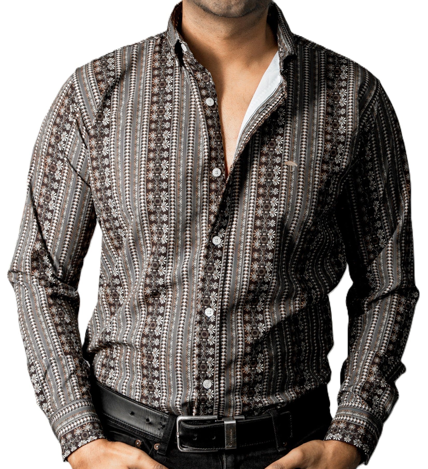 Camisa Hombre Casual Café Mini Flores Blancas