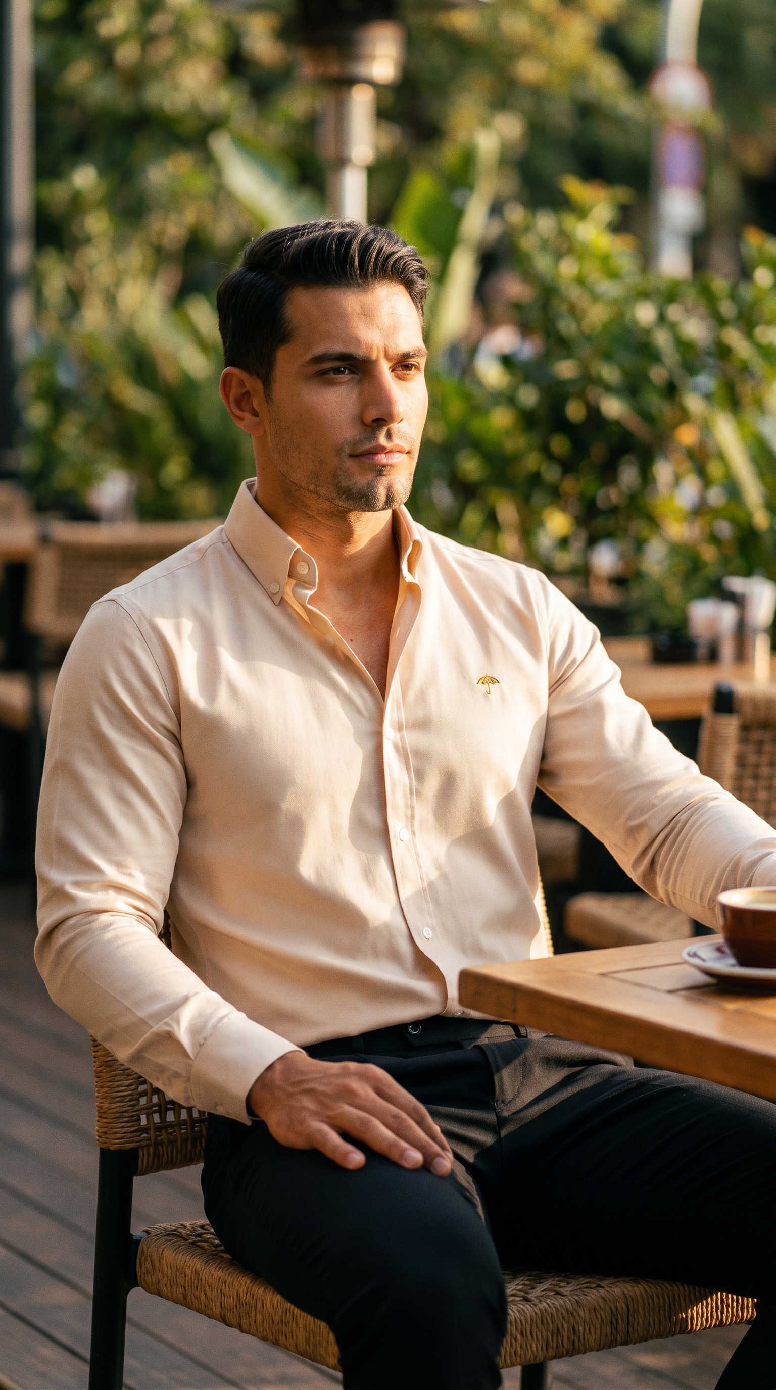 Camisa Hombre Casual Manga Larga Beige Lisa