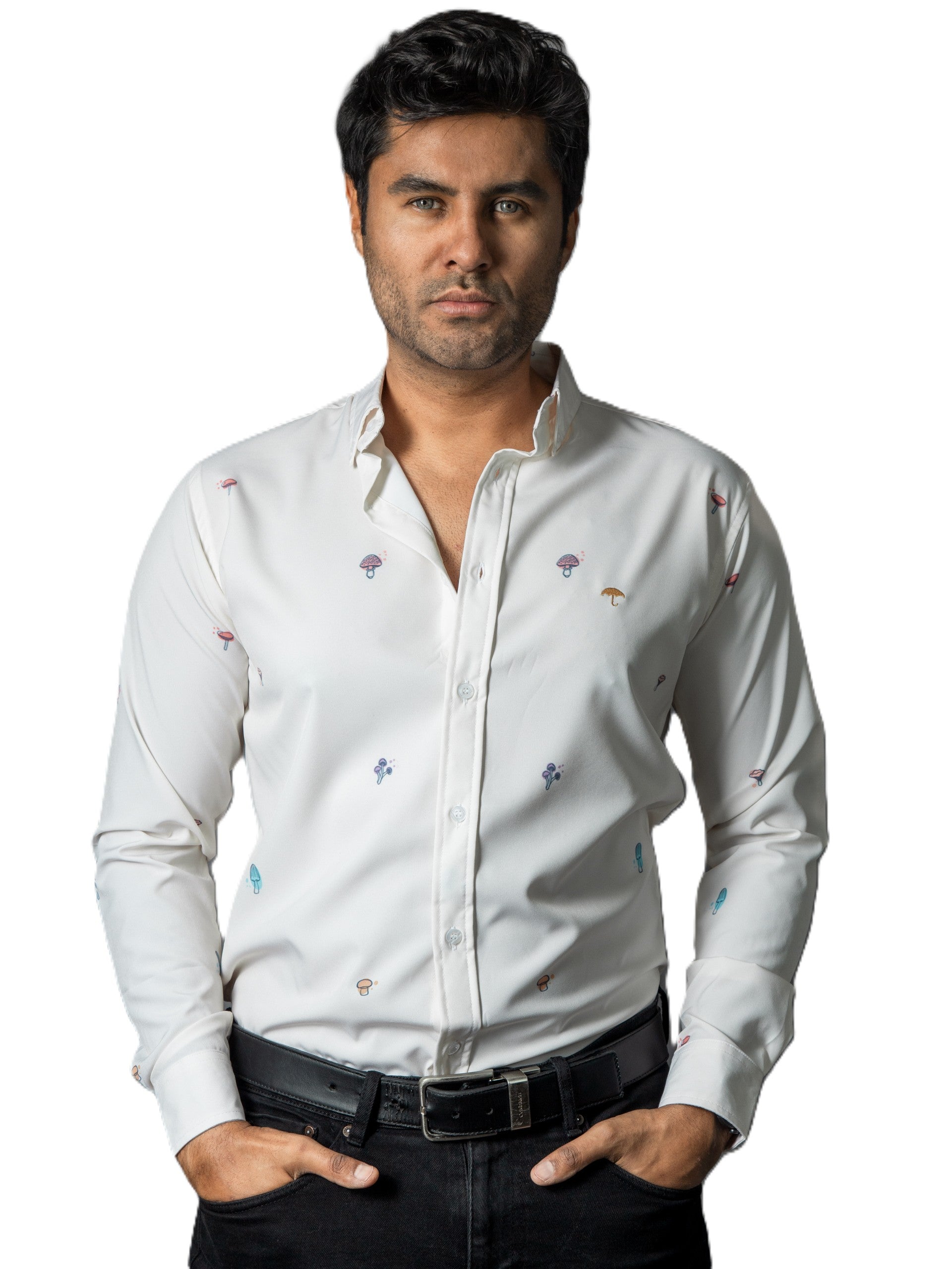 Camisa Hombre Casual Beige Mini Figuras Plantas