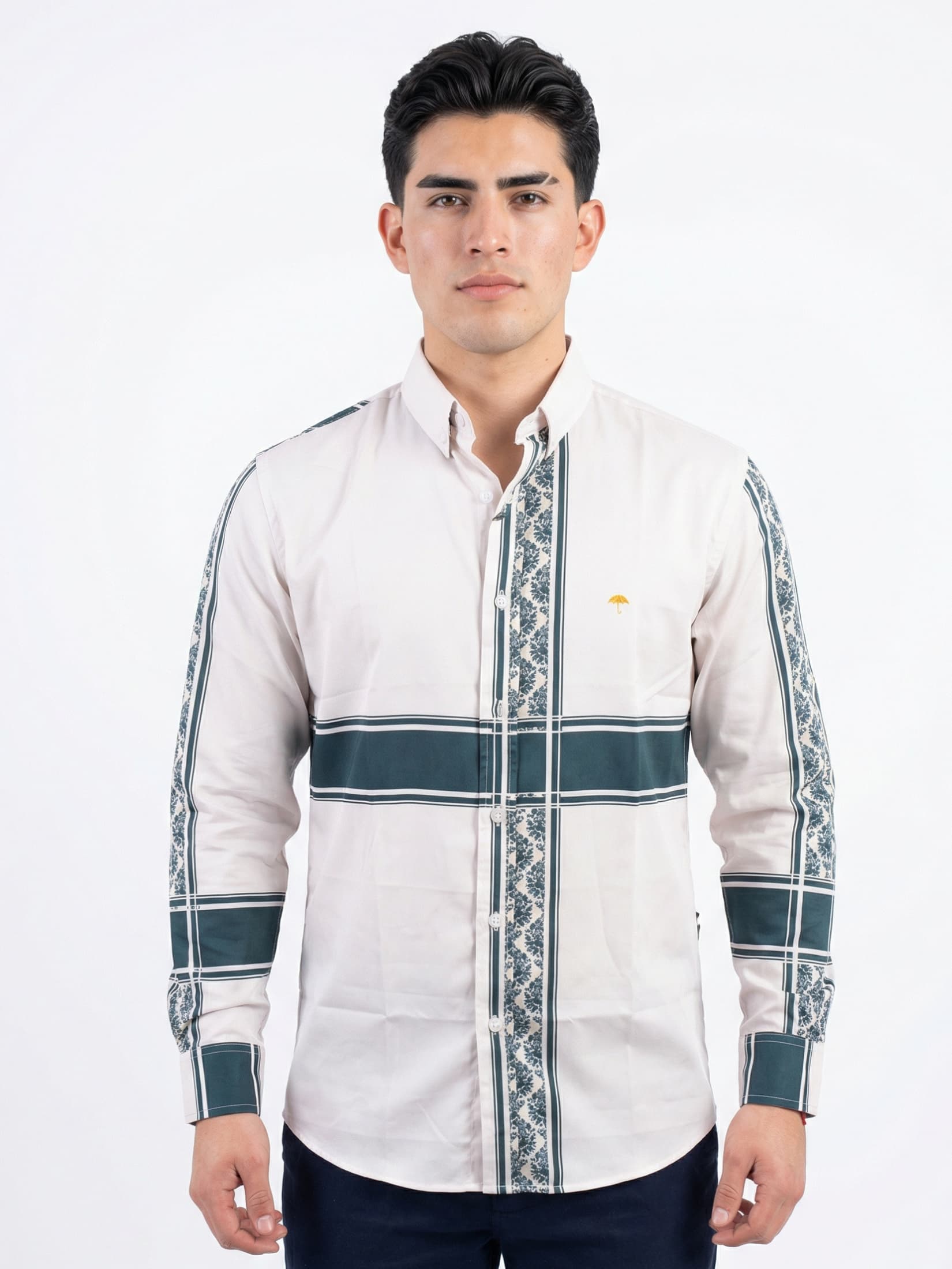 Camisa Hombre Casual Beige Franjas Azul Marino