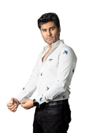 Camisa Hombre Casual Beige Claro Figuras Aves Marino