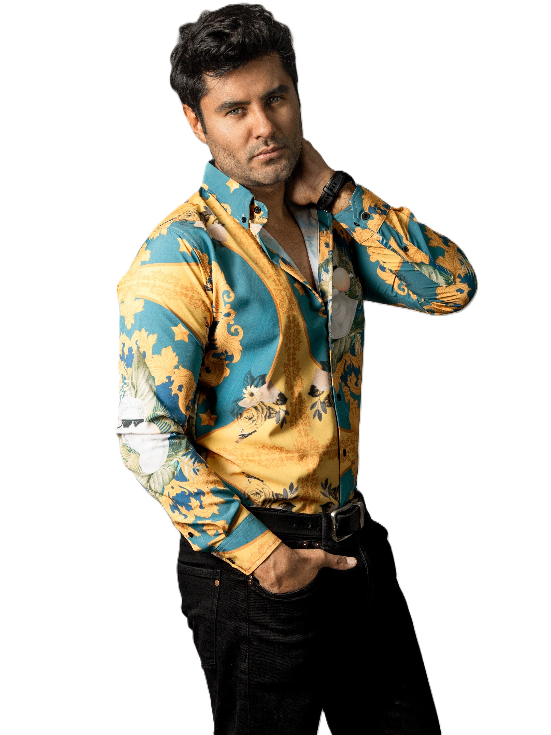 Camisa Hombre Casual Amarilla Verde Floreada