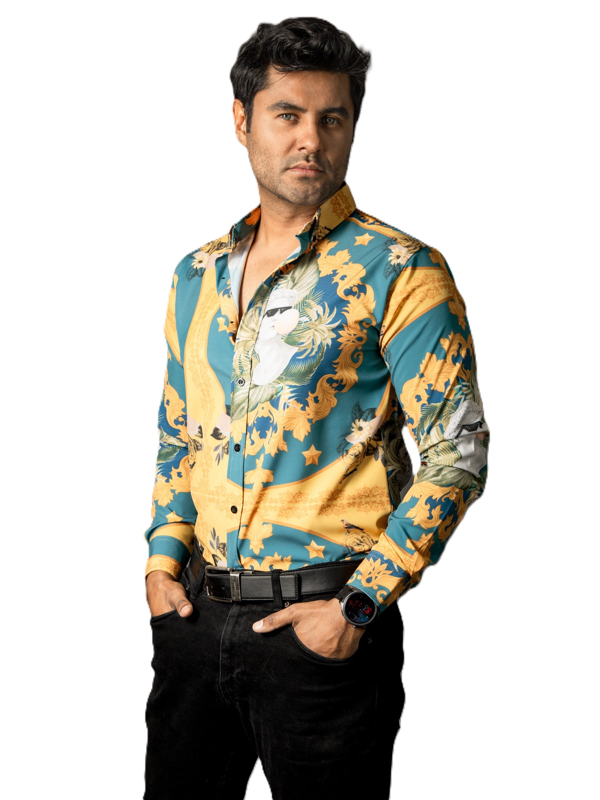 Camisa Hombre Casual Amarilla Verde Floreada