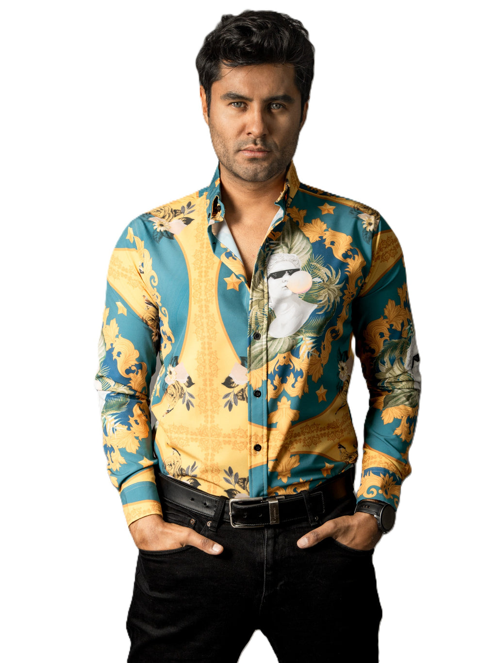 Camisa Hombre Casual Amarilla Verde Floreada