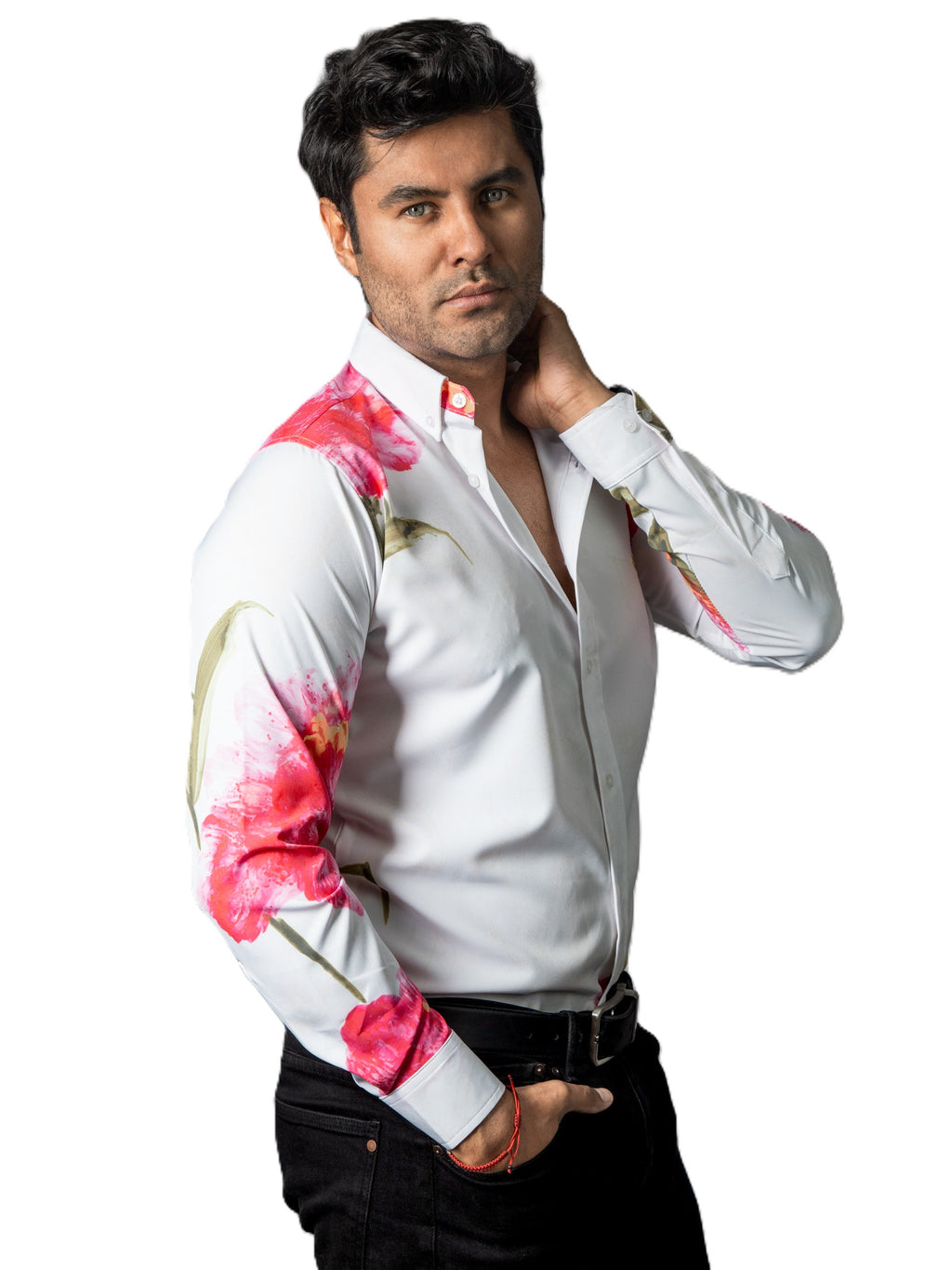 Camisa Hombre Casual Blanca Flores Rosas
