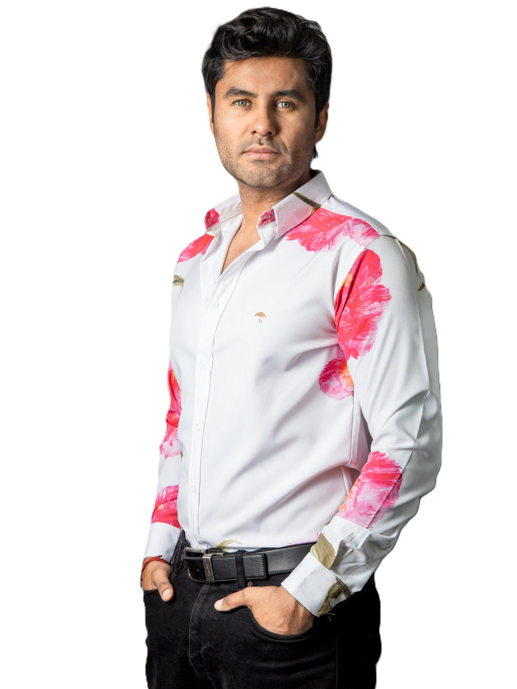 Camisa Hombre Casual Blanca Flores Rosas