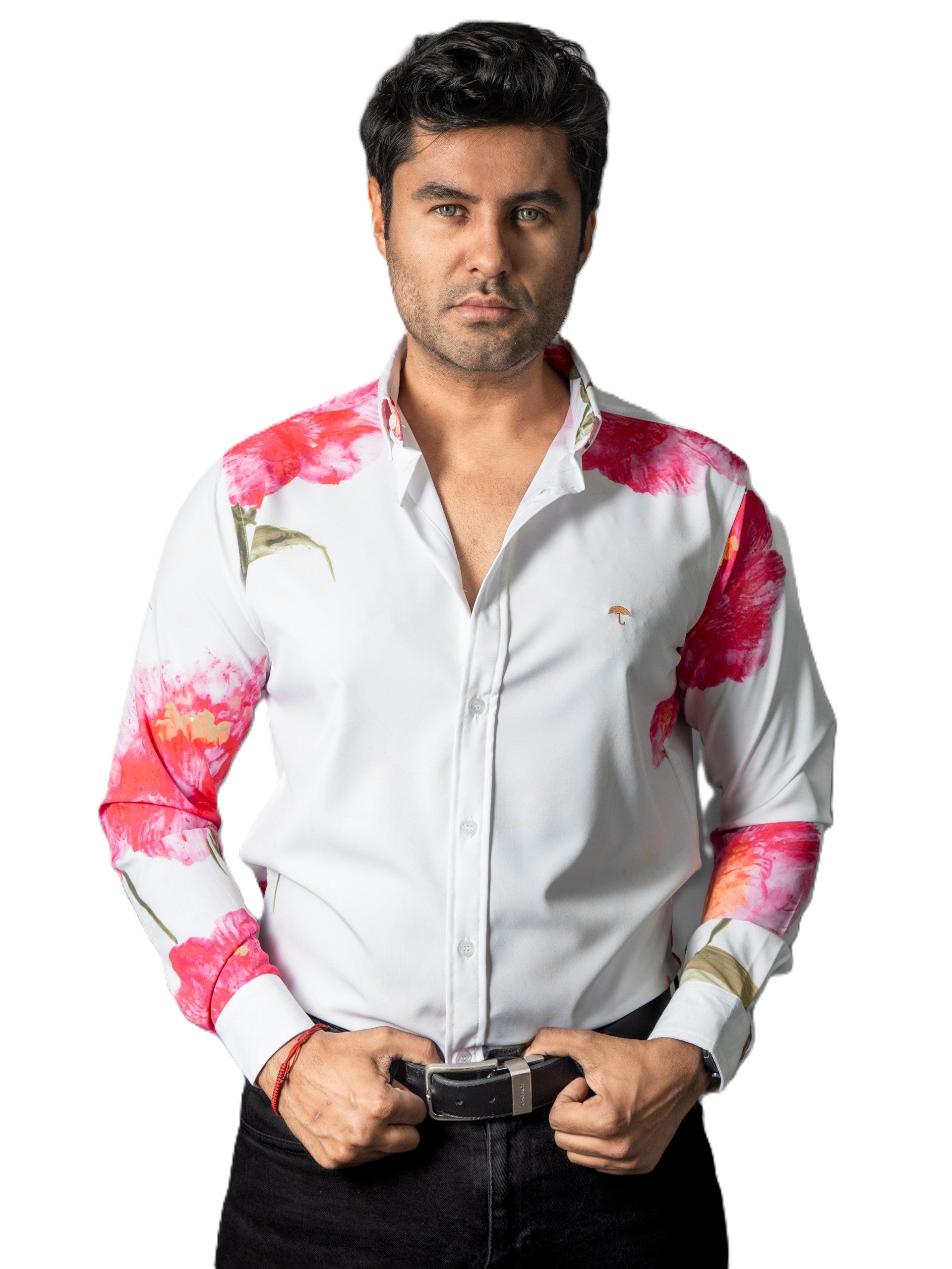 Camisa Hombre Casual Blanca Flores Rosas