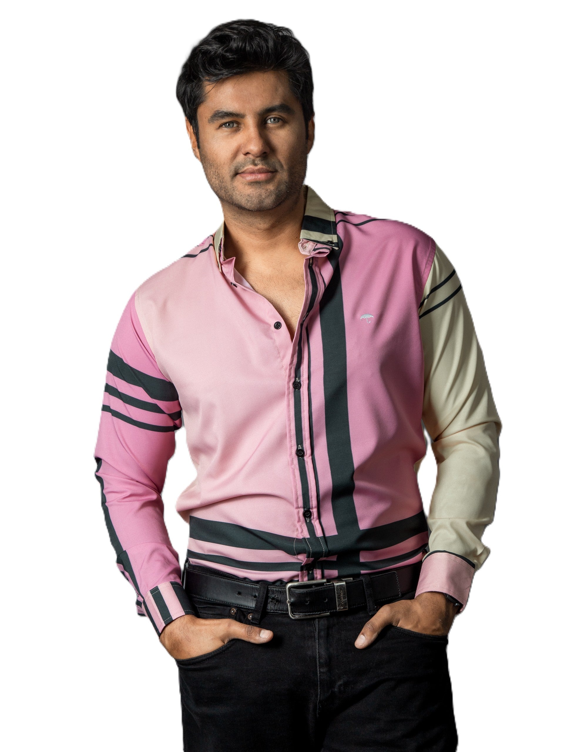 Camisa Hombre Casual Rosa, Amarillo Franjas Negras