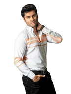 Camisa Hombre Casual Blanca Franjas Naranja Verde