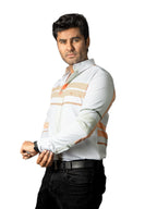 Camisa Hombre Casual Blanca Franjas Naranja Verde