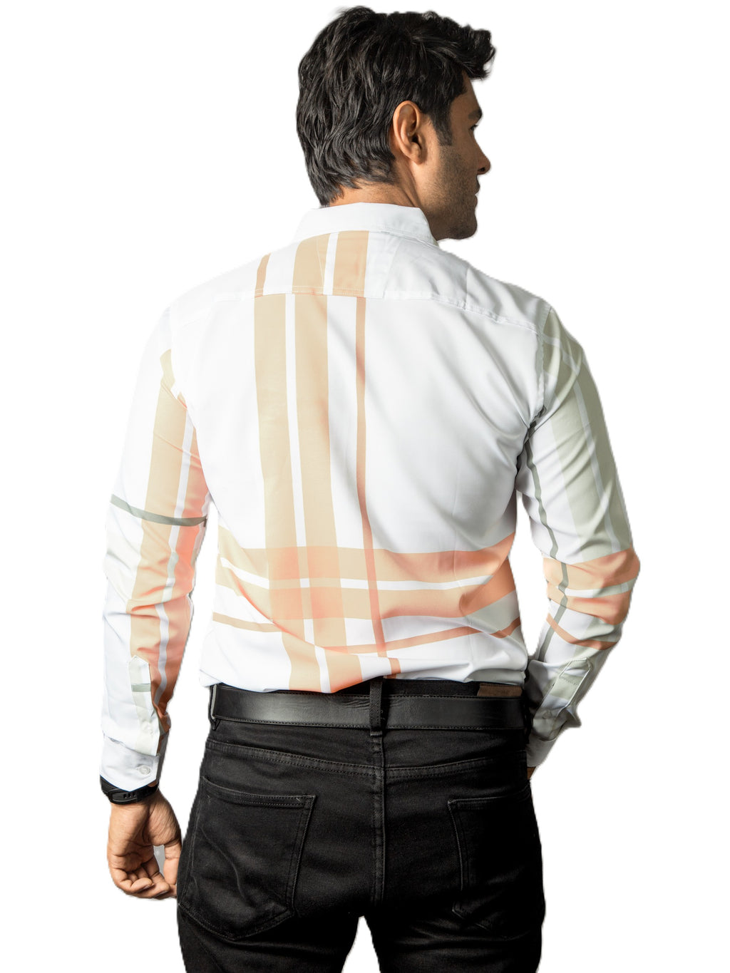 Camisa Hombre Casual Blanca Franjas Naranja Verde
