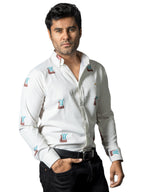 Camisa Hombre Casua Beige Figuras Mini Barcos