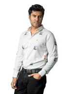 Camisa Hombre Casua Beige Figuras Mini Barcos