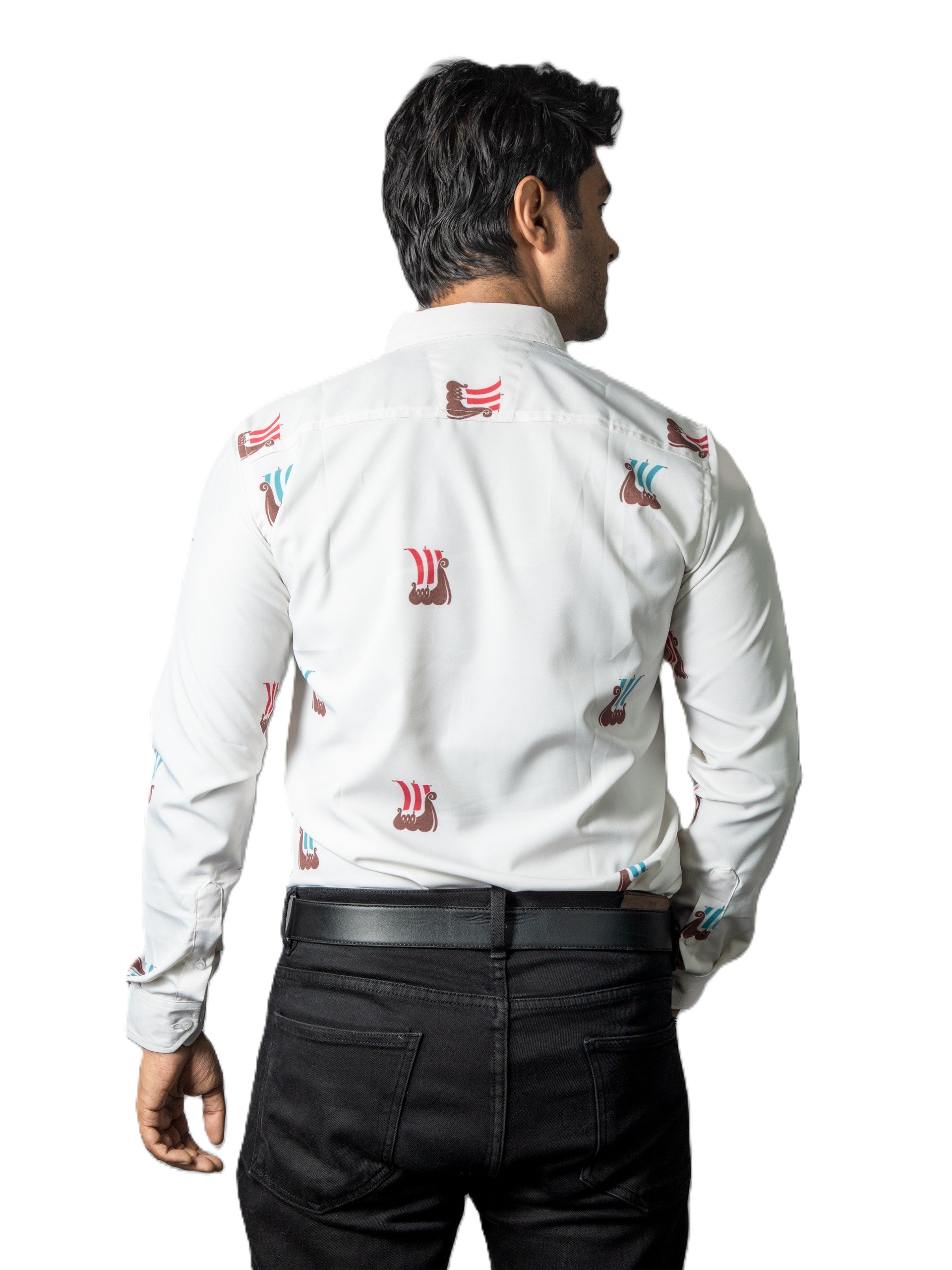 Camisa Hombre Casua Beige Figuras Mini Barcos