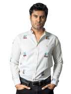 Camisa Hombre Casua Beige Figuras Mini Barcos