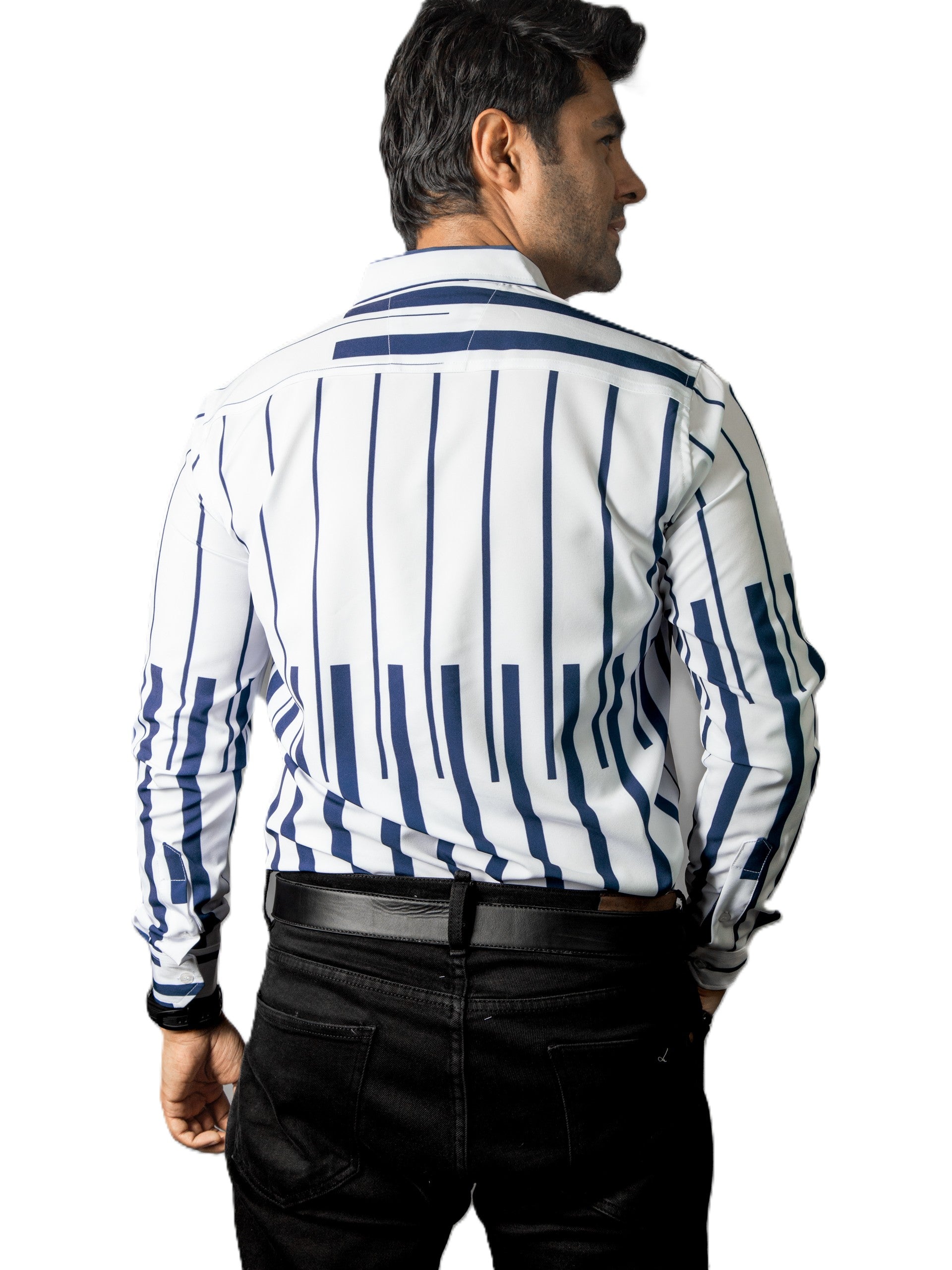 Camisa Hombre Casual Blanca Rayas Azul Marino