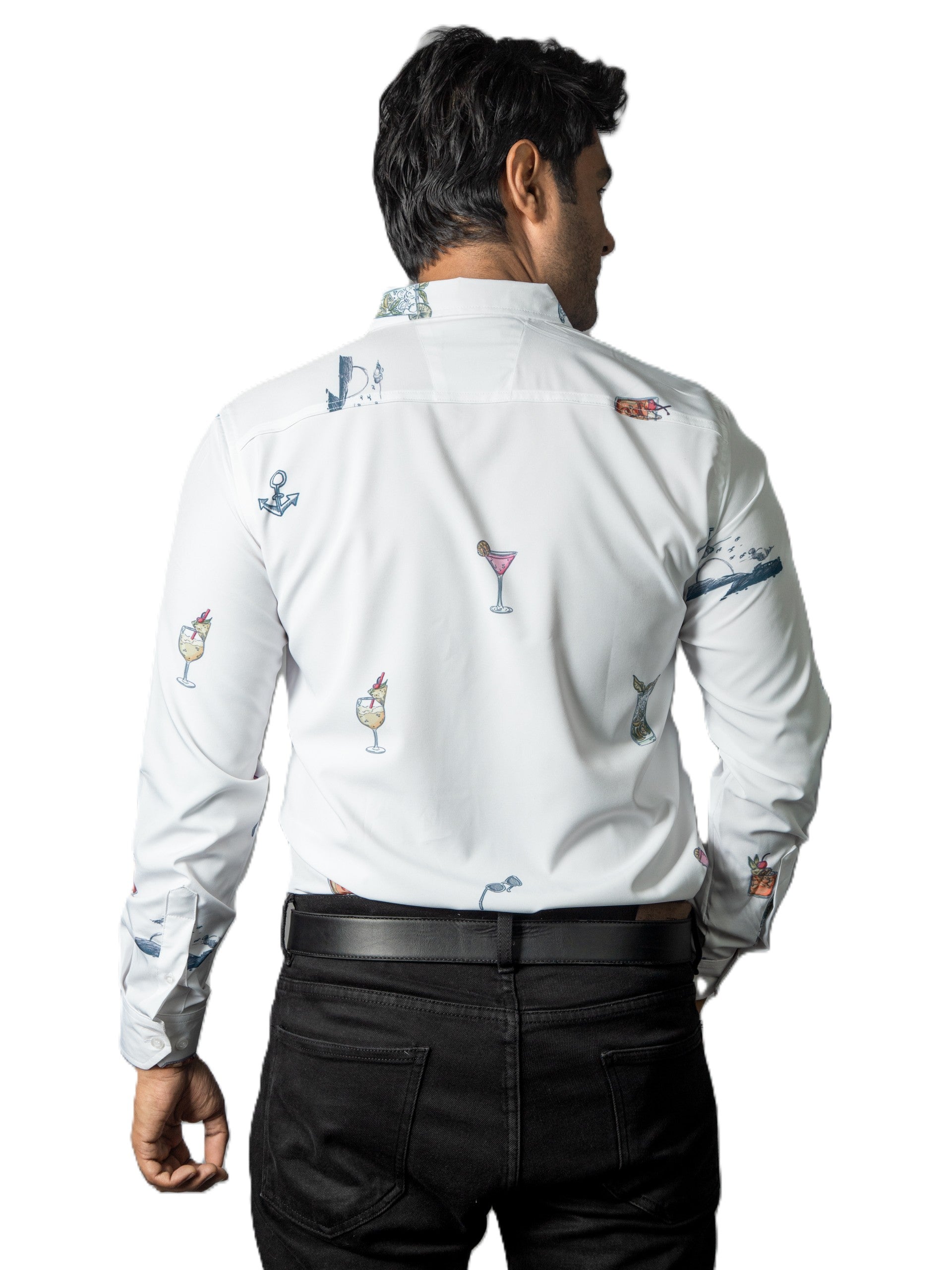 Camisa Hombre Casual Blanca Mini Figuras Bebidas