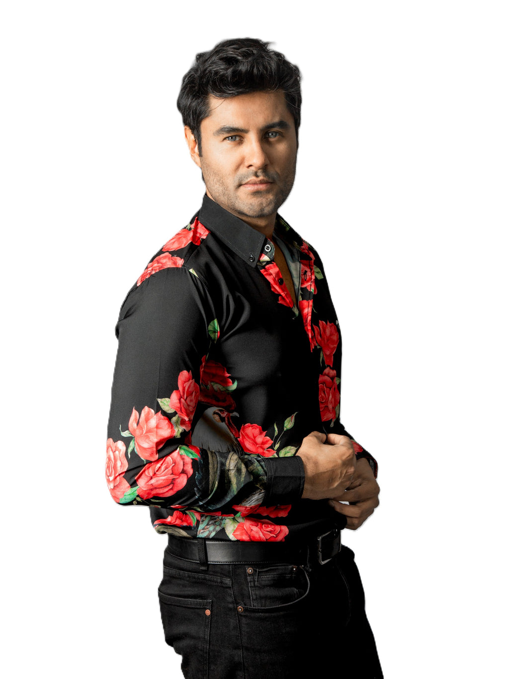 Camisa Hombre Casual Negra Flores Rosas Rojas