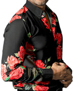 Camisa Hombre Casual Negra Gallo Flores Rosas Rojas