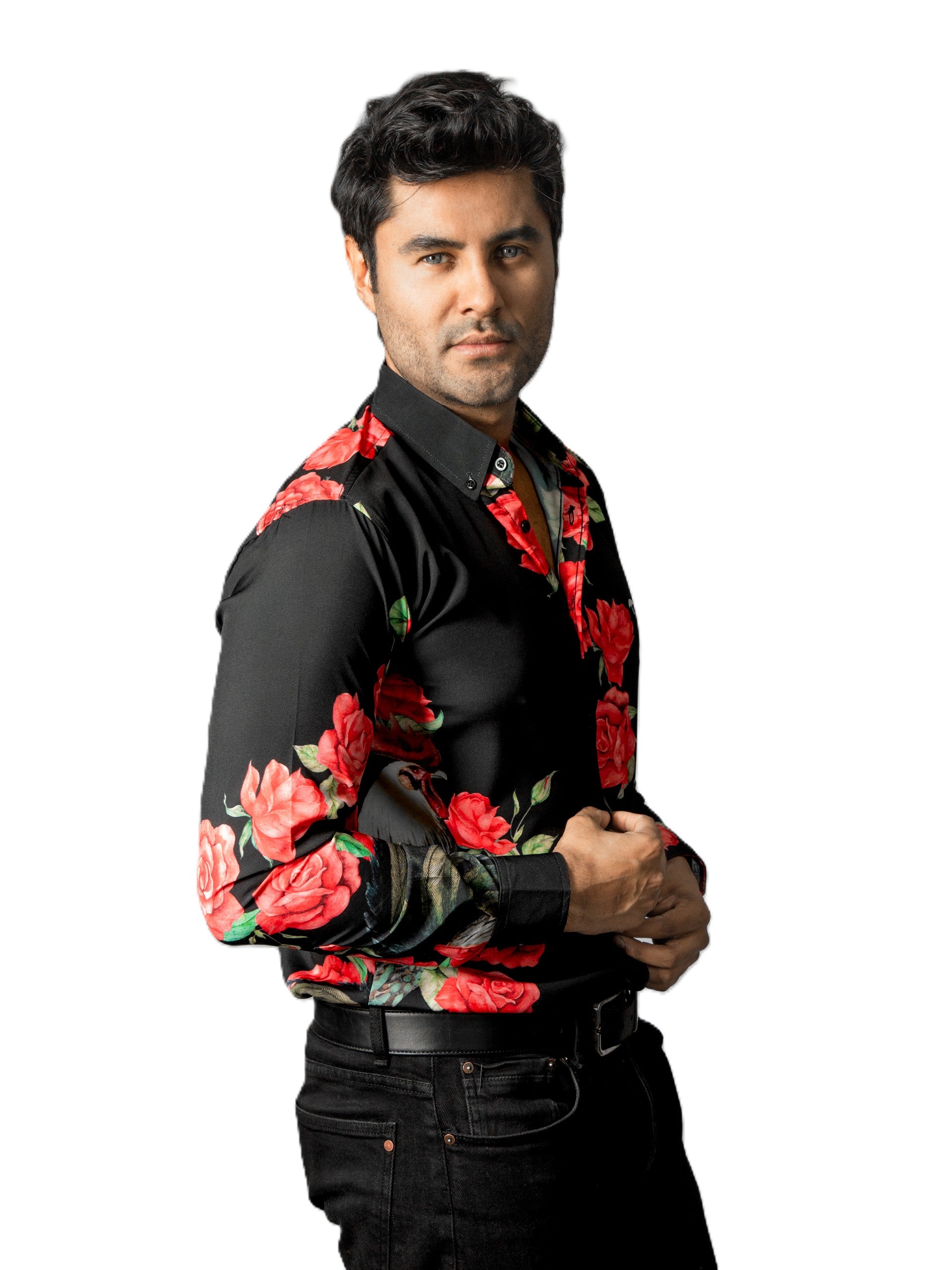 Camisa Hombre Casual Negra Flores Rosas Rojas