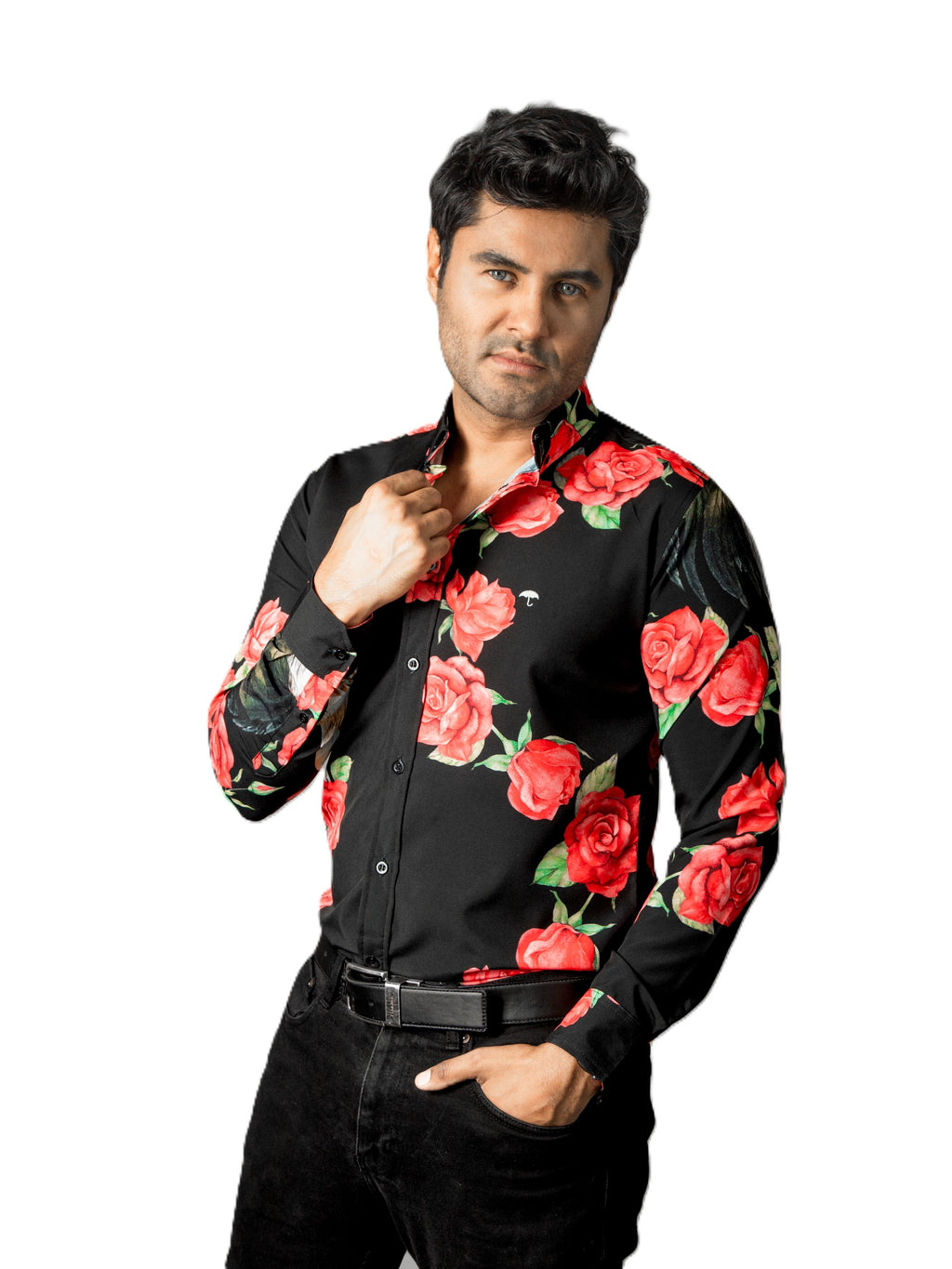 Camisa Hombre Casual Negra Flores Rosas Rojas