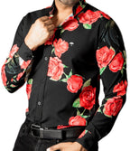 Camisa Hombre Casual Negra Gallo Flores Rosas Rojas