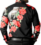 Camisa Hombre Casual Negra Gallo Flores Rosas Rojas