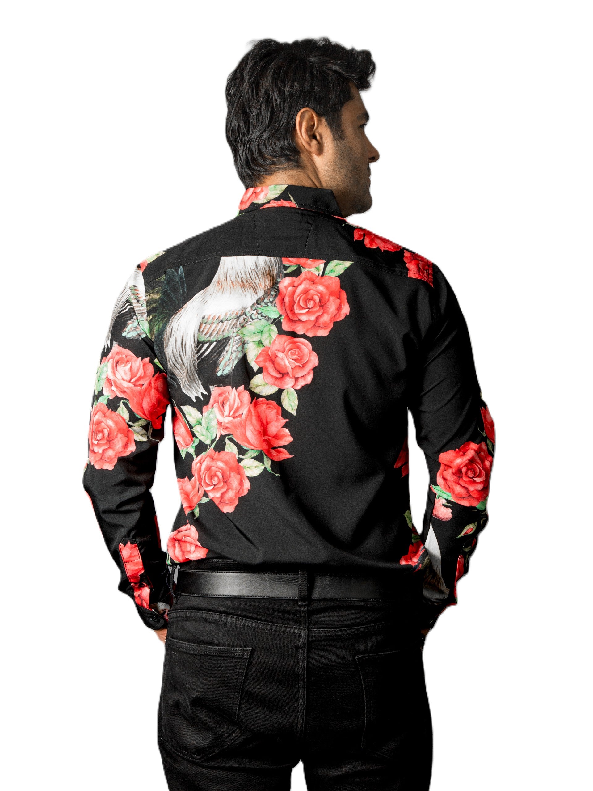 Camisa Hombre Casual Negra Flores Rosas Rojas