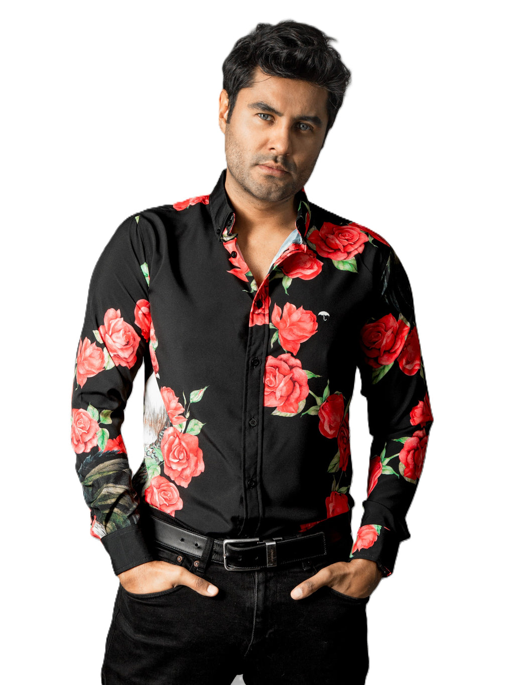 Camisa Hombre Casual Negra Flores Rosas Rojas