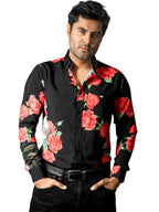 Camisa Hombre Casual Negra Gallo Flores Rosas Rojas