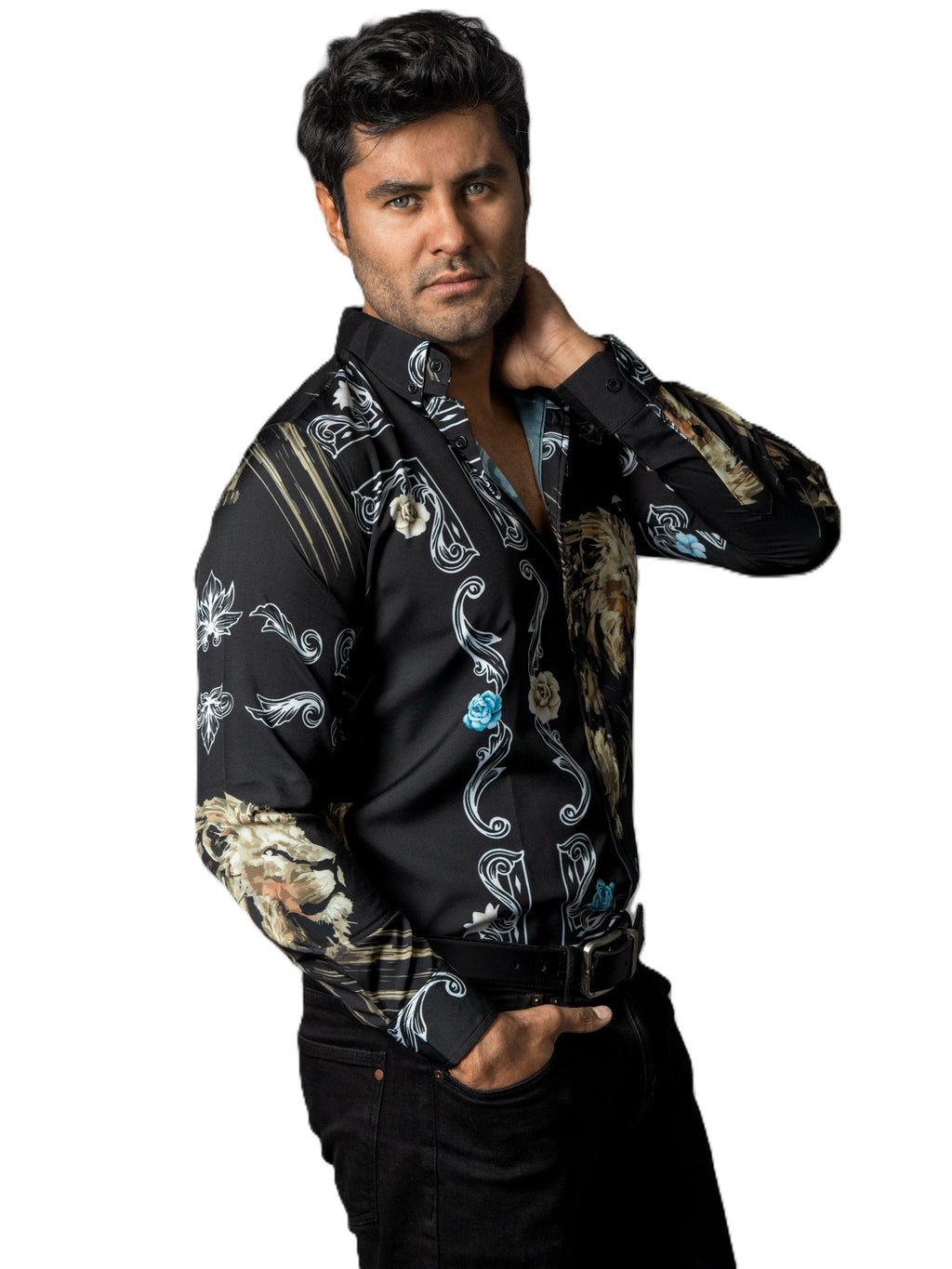 Camisa Hombre Casual Negra Leones Figuras Blancas