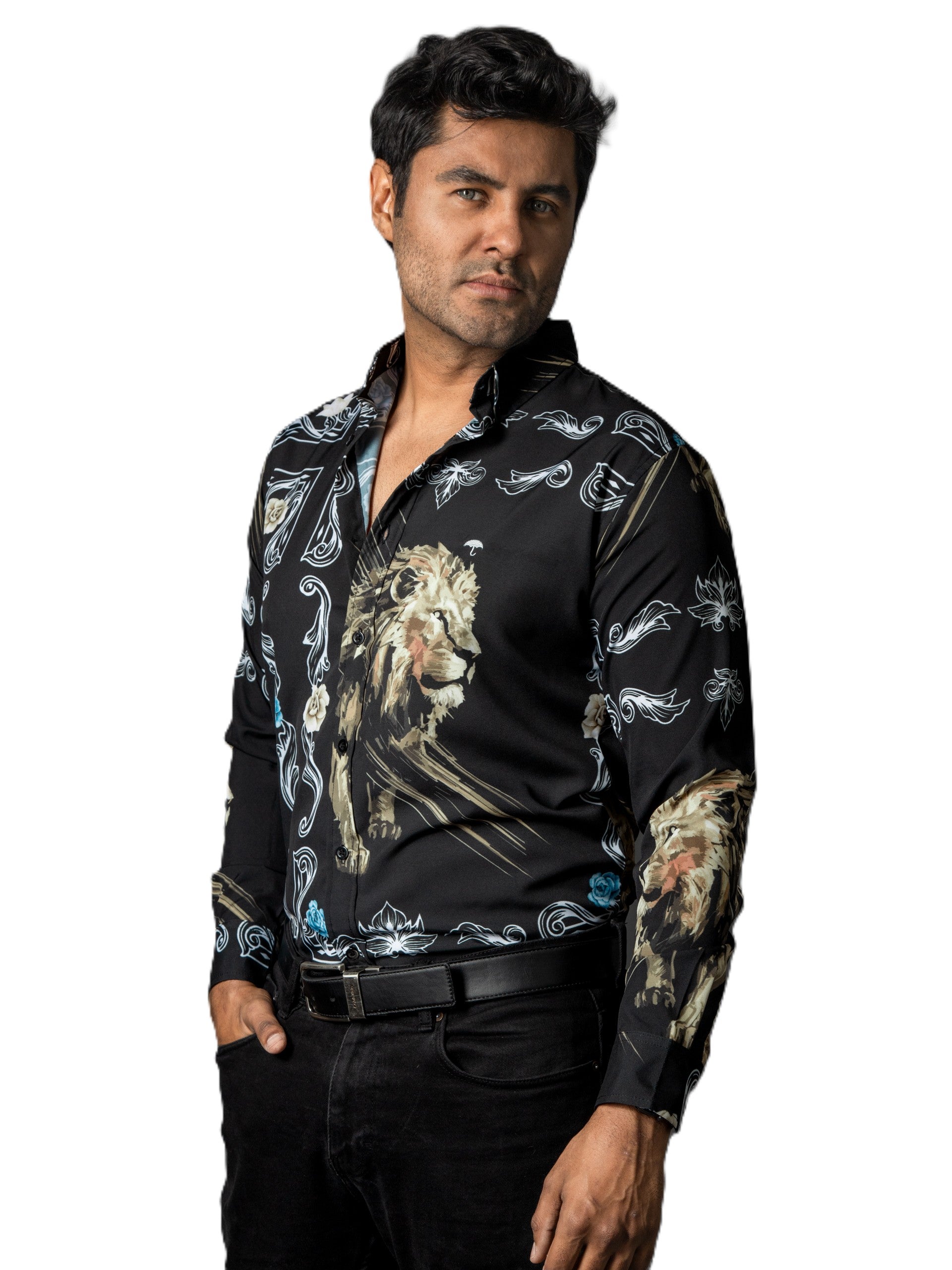 Camisa Hombre Casual Negra Leones Figuras Blancas