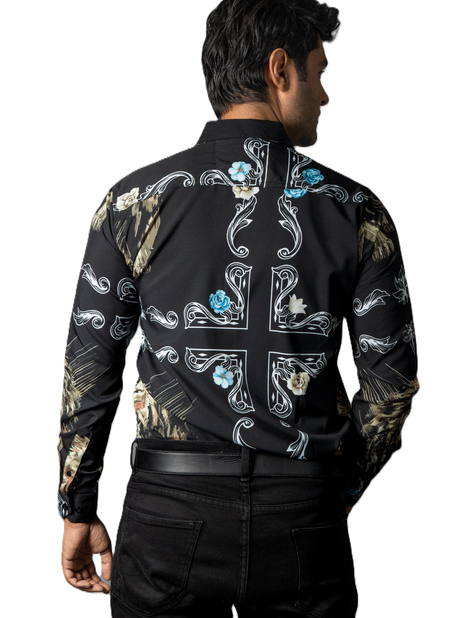 Camisa Hombre Casual Negra Leones Figuras Blancas