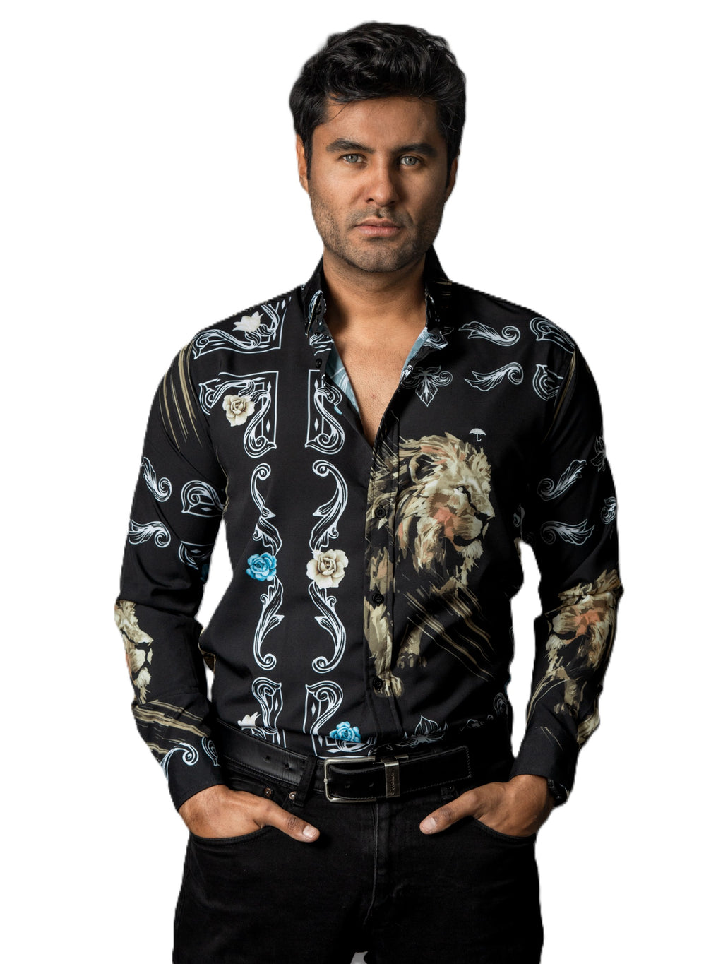 Camisa Hombre Casual Negra Leones Figuras Blancas