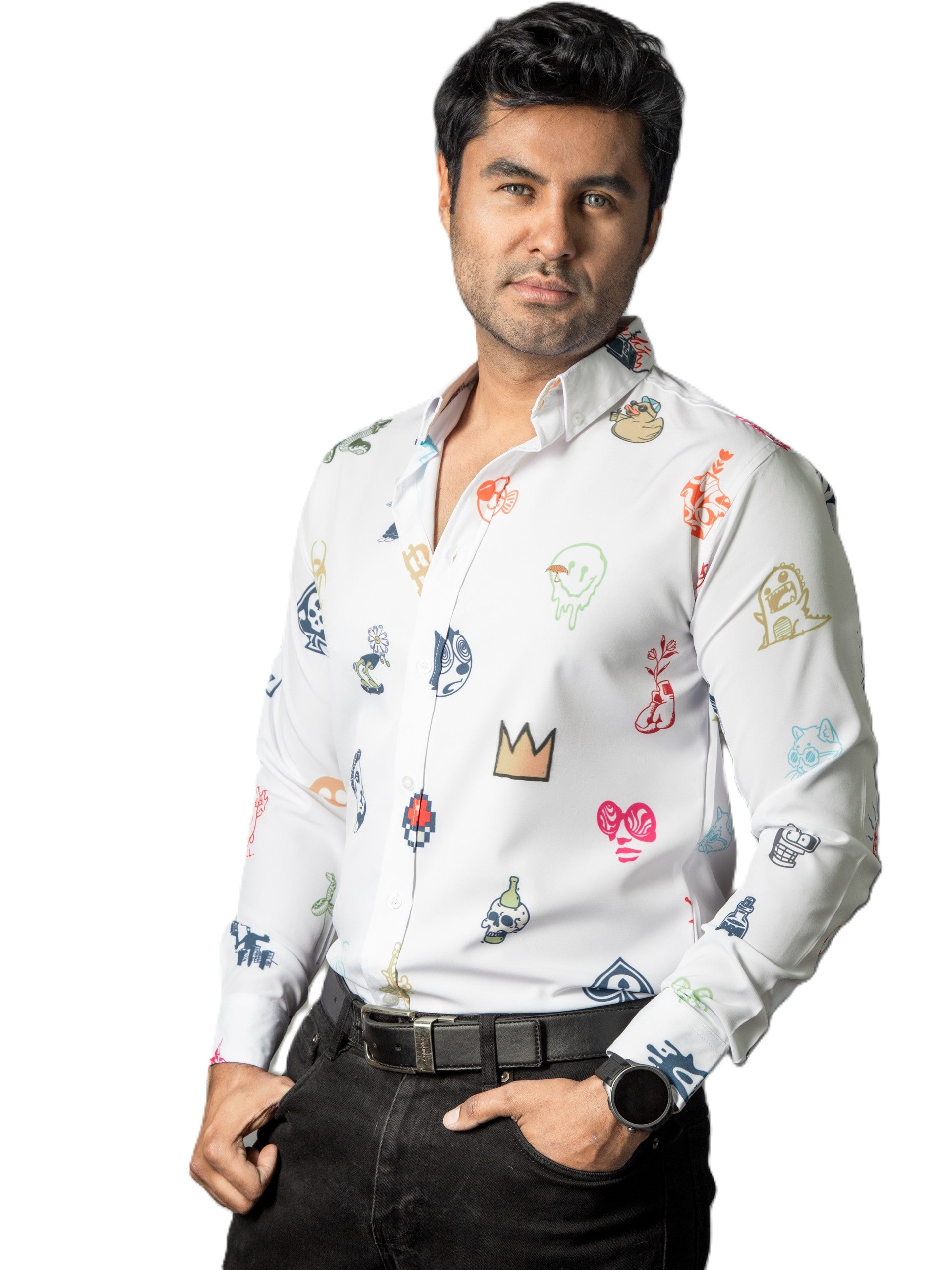 Camisa Hombre Casual Blanca Mini Figuras Colores