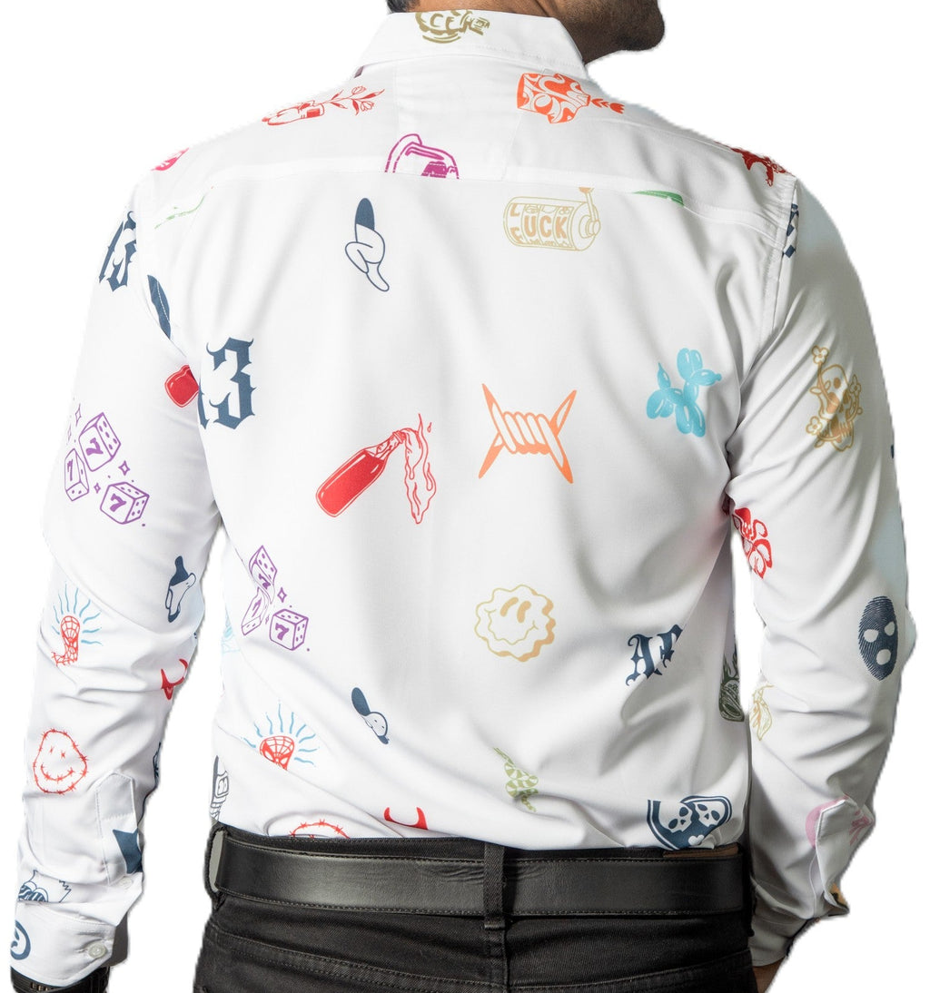 Camisa Hombre Casual Blanca Mini Figuras Colores
