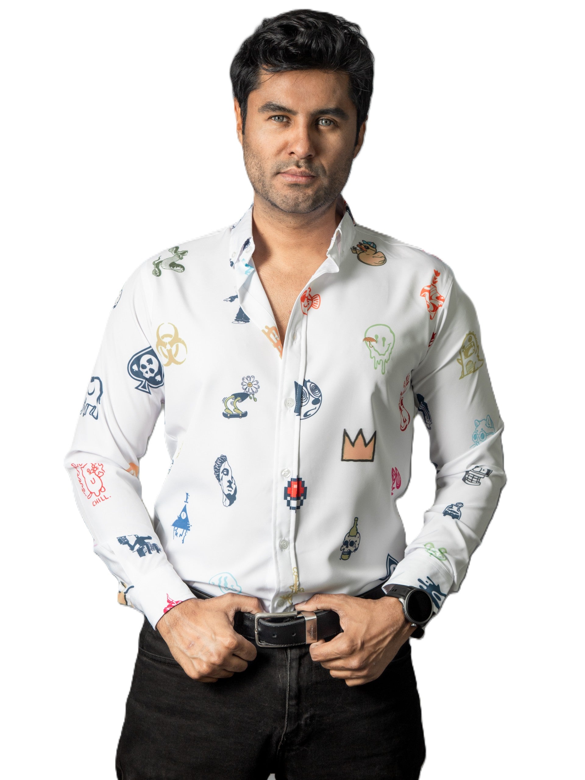 Camisa Hombre Casual Blanca Mini Figuras Colores