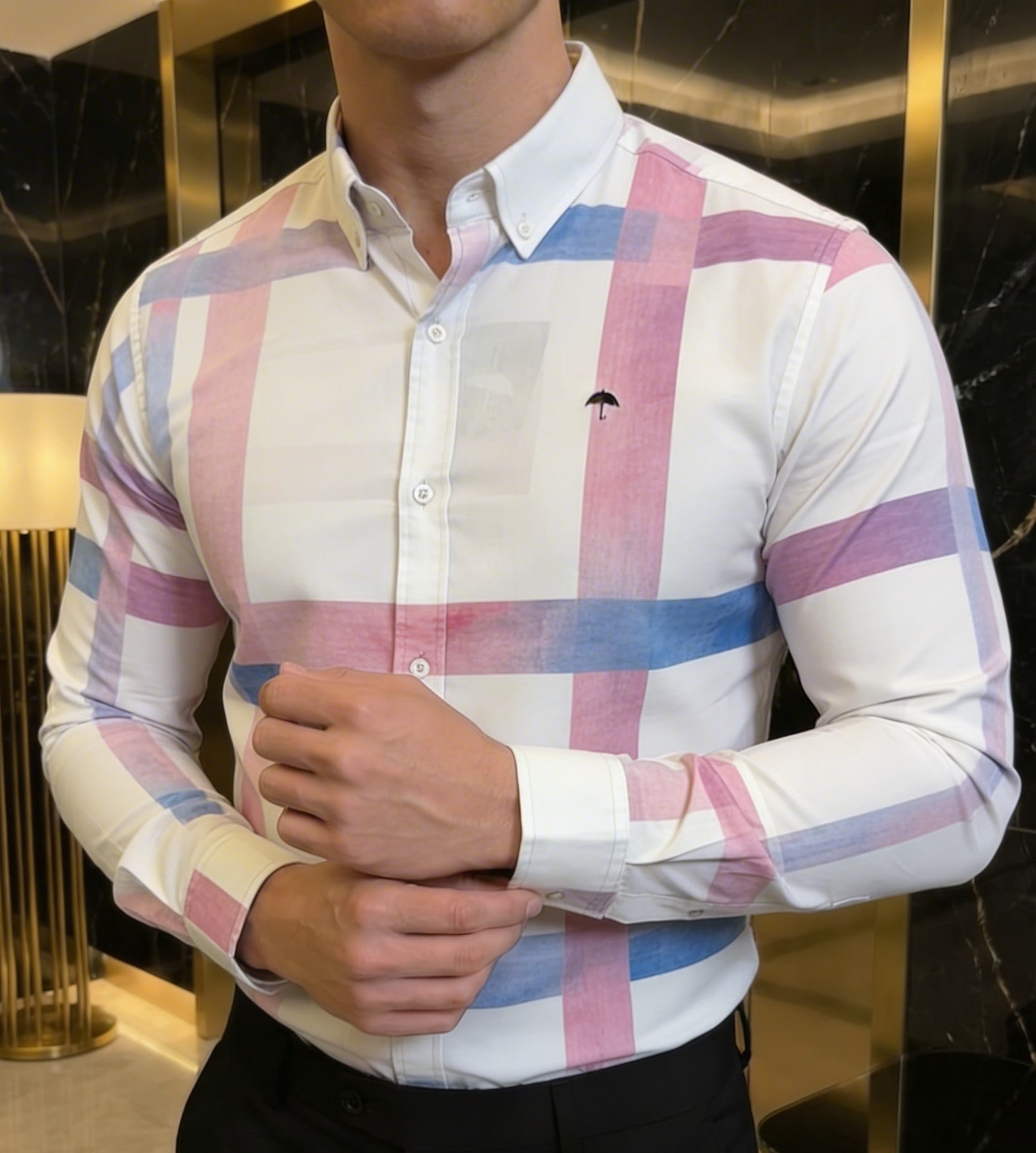 Camisa Hombre Casual Blanca Franjas Rosas Azules