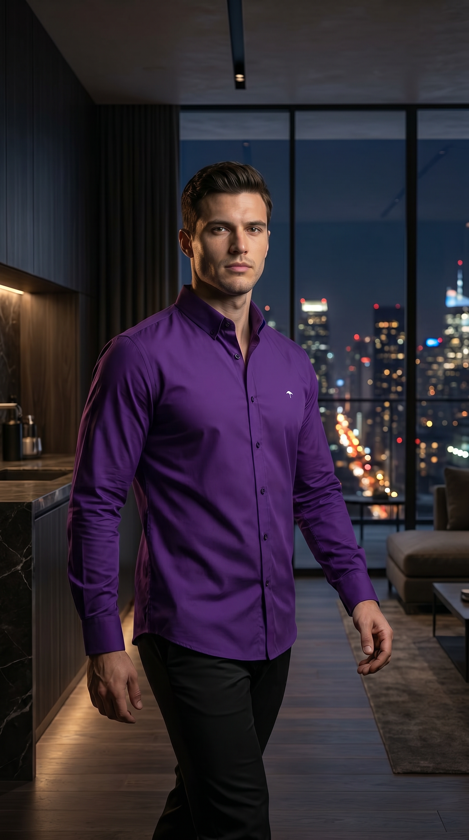 Camisa Hombre Casual Manga Larga Morada Lisa