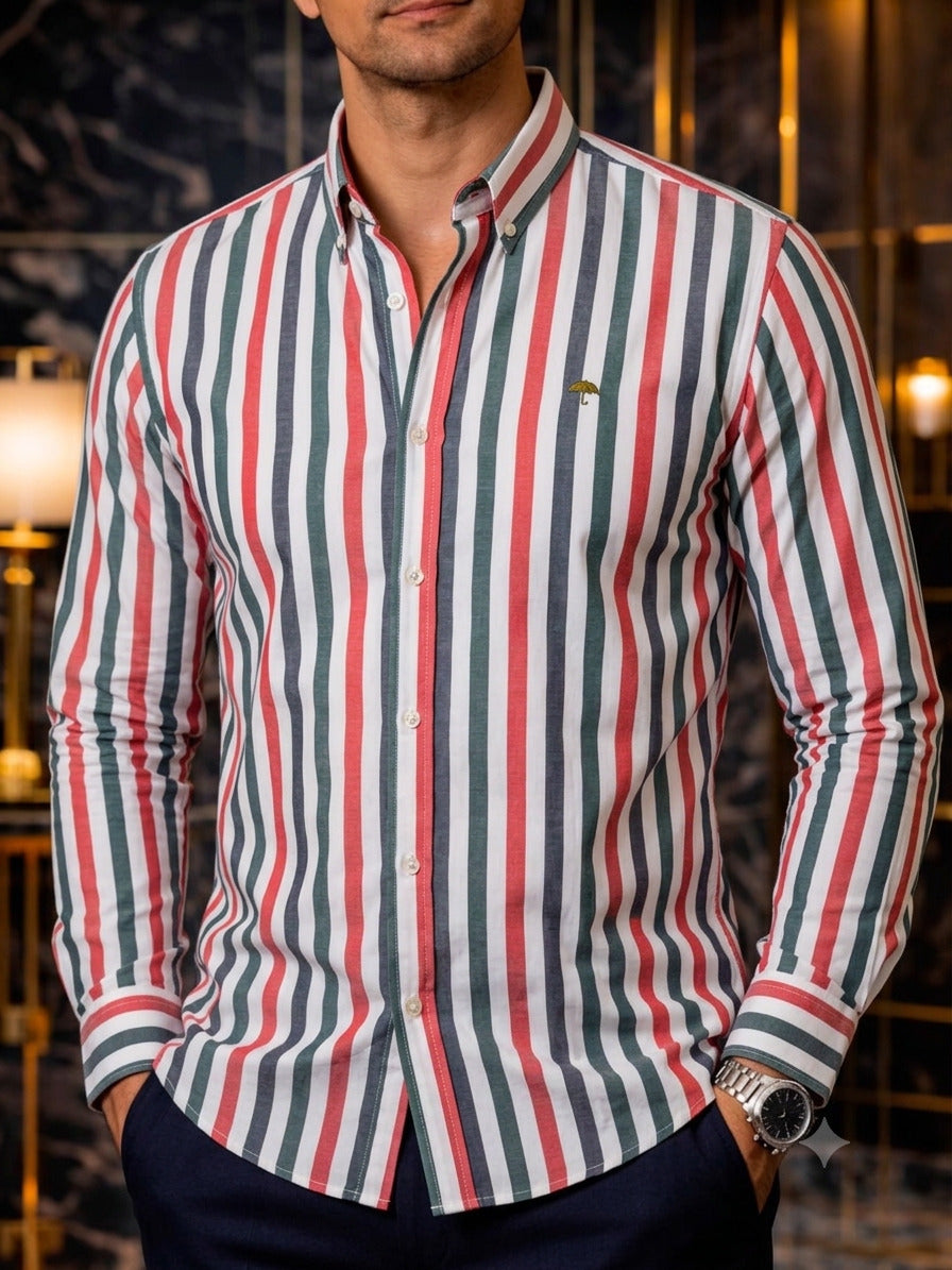 Camisa Hombre Casual Rayas Blancas, Gris, Rojizas